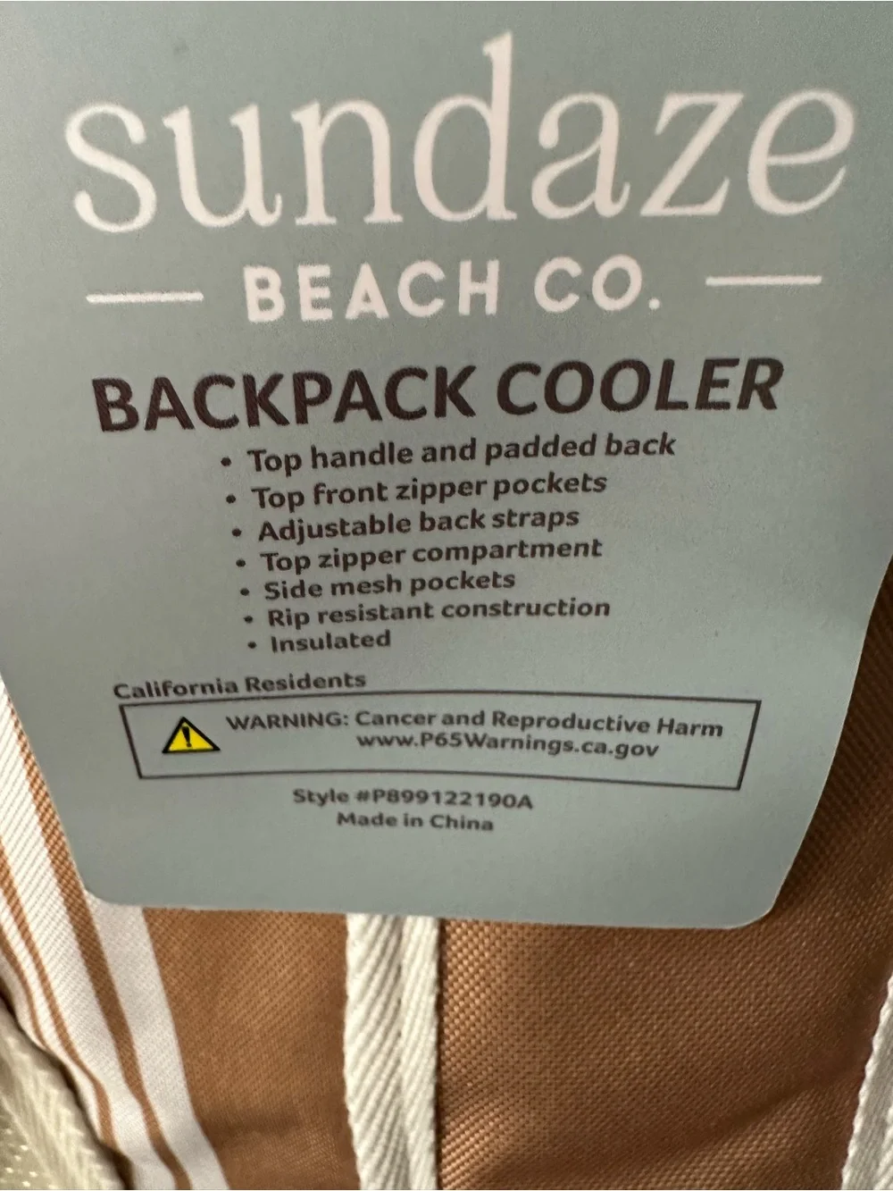 Brand New Tan & White Striped Women’s Cooler Backpack